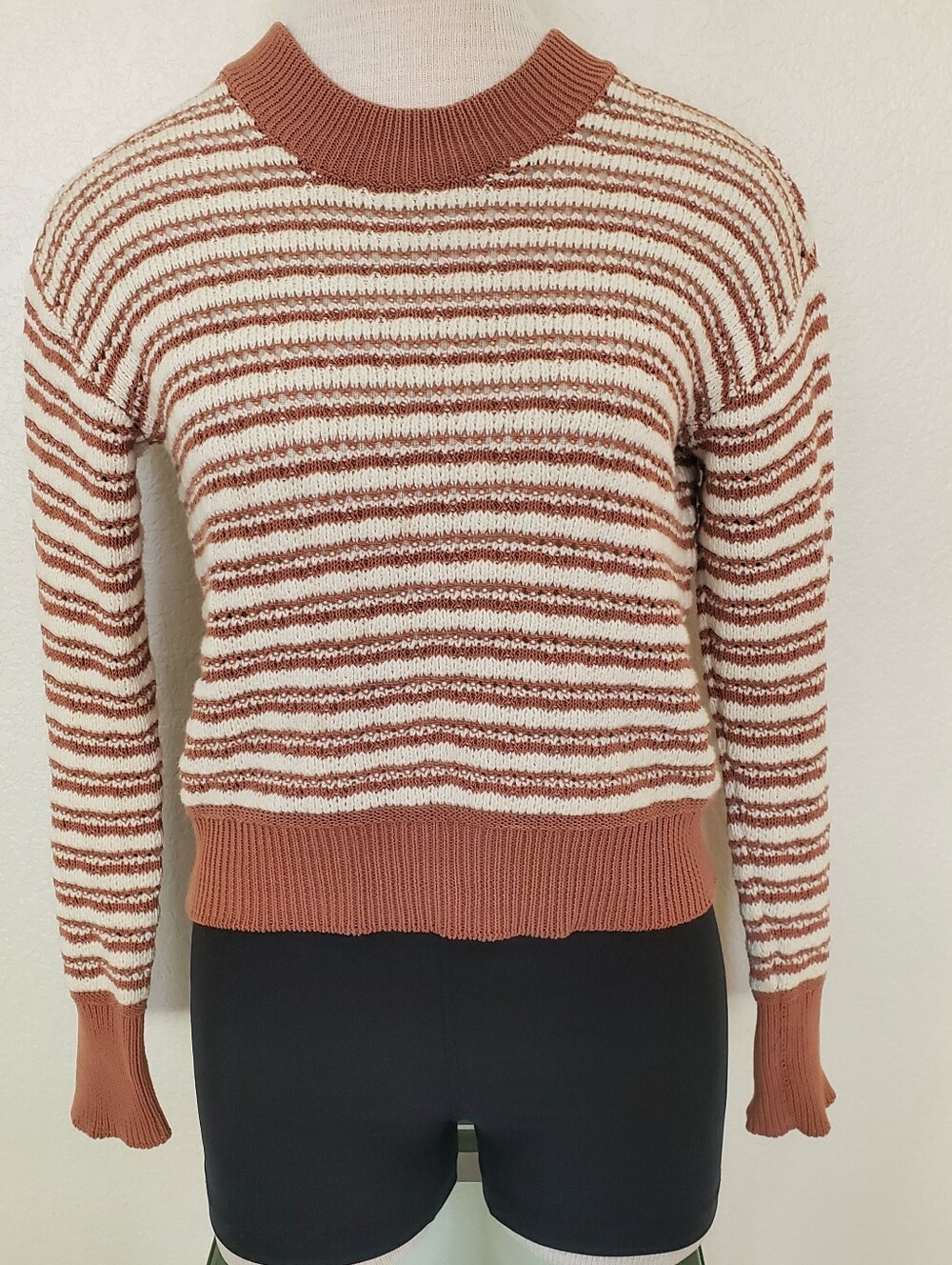 Veronica Beard Striped Crewneck Sweater in Cream and Rust Brown